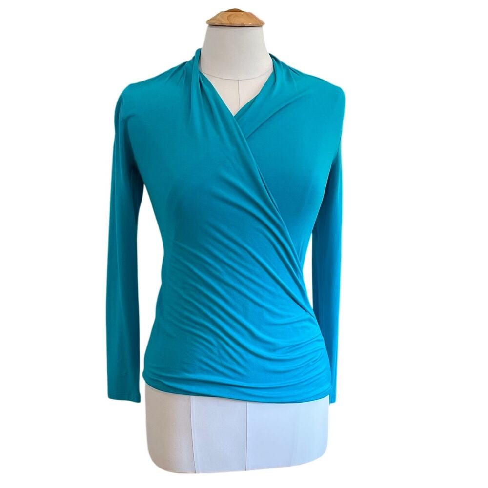 Pure Collection Turquoise Blue Faux Wrap Top, Stretch, Career, Office, Size 4